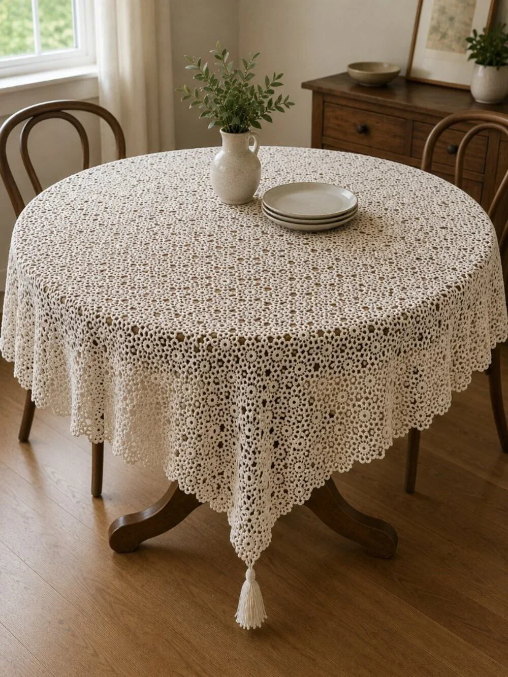 Vintage Crochet Tassel Detail Large Table Cloth